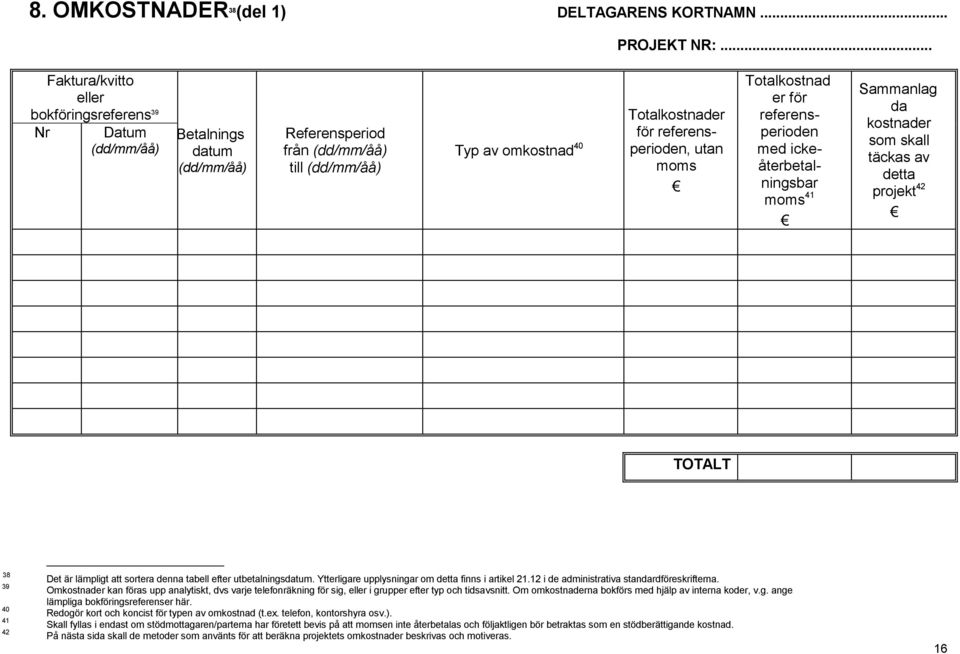 ickeåterbetalningsbar moms 41 Sammanlag da som skall täckas av detta projekt 42 38 39 40 41 42 Det är lämpligt att sortera denna tabell efter utbetalningsdatum.