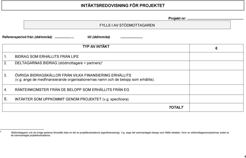 4. RÄNTEINKOMSTER FRÅN DE BELOPP SOM ERHÅLLITS FRÅN EG 5. INTÄKTER SOM UPPKOMMIT GENOM PROJEKTET (v.g. specificera).