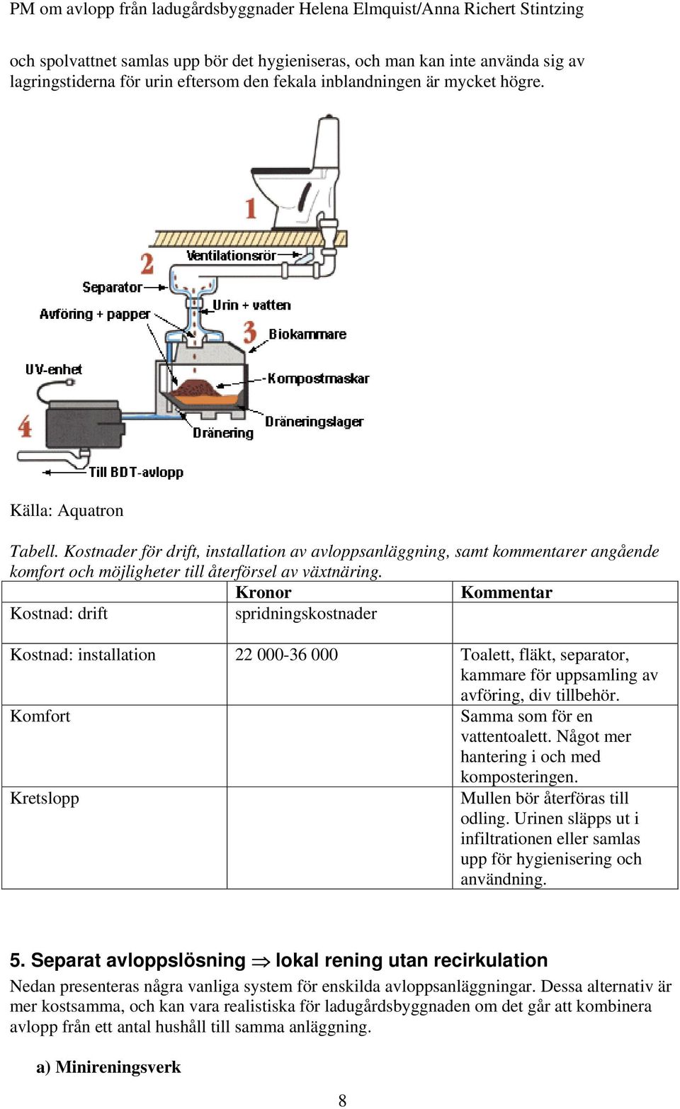 Kronor Kommentar Kostnad: drift spridningskostnader Kostnad: installation 22 000-36 000 Toalett, fläkt, separator, kammare för uppsamling av avföring, div tillbehör.