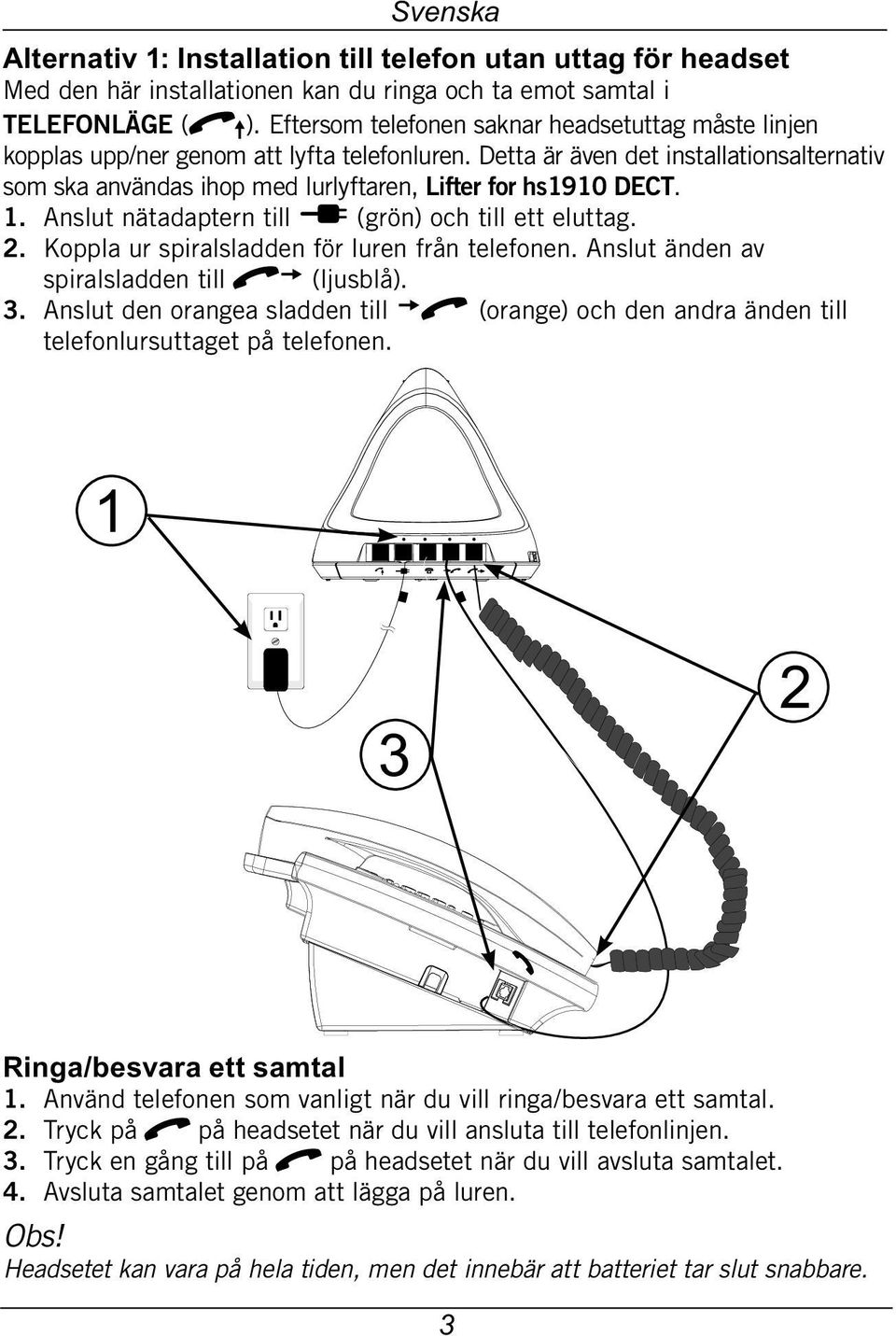 Detta är även det installationsalternativ som ska användas ihop med lurlyftaren, Lifter for hs1910 DECT. 1. 2. 3. Anslut nätadaptern till Y (grön) och till ett eluttag.