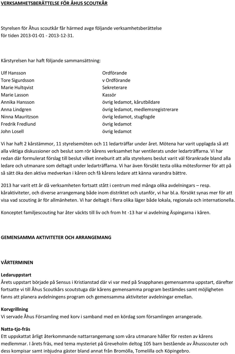 Ordförande Sekreterare Kassör övrig ledamot, kårutbildare övrig ledamot, medlemsregistrerare övrig ledamot, stugfogde övrig ledamot övrig ledamot Vi har haft 2 kårstämmor, 11 styrelsemöten och 11