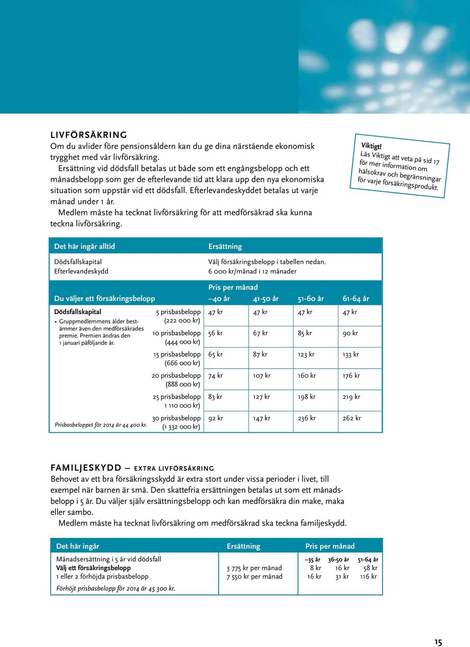 Efterlevandeskyddet betalas ut varje månad under 1 år. Medlem måste ha tecknat livförsäkring för att medförsäkrad ska kunna teckna livförsäkring. Viktigt!