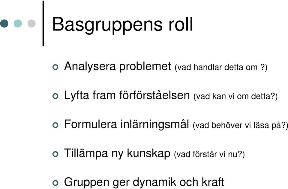 ) Formulera inlärningsmål (vad behöver vi läsa på?