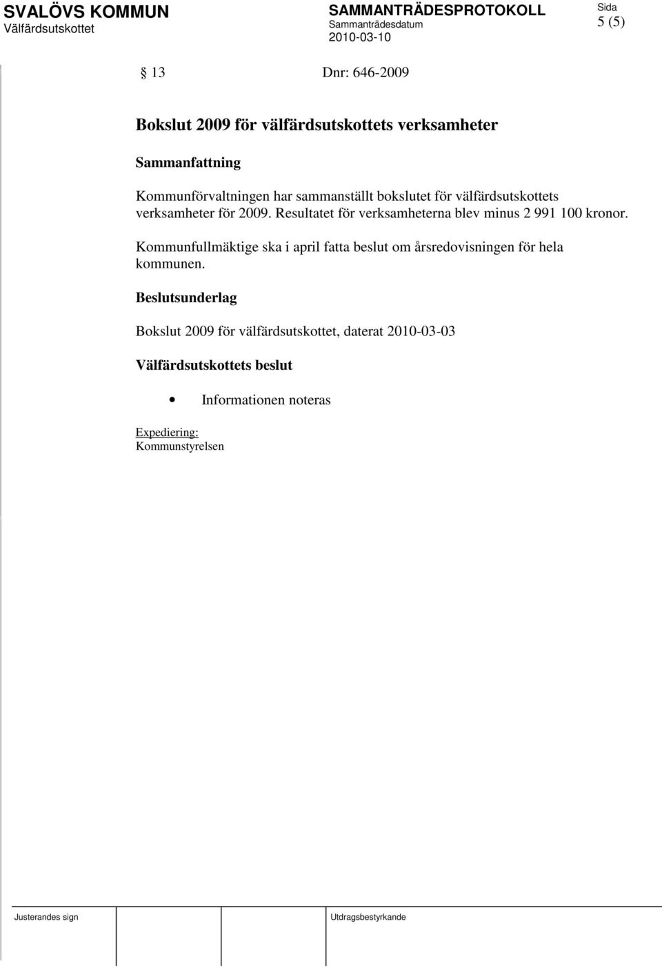 Resultatet för verksamheterna blev minus 2 991 100 kronor.