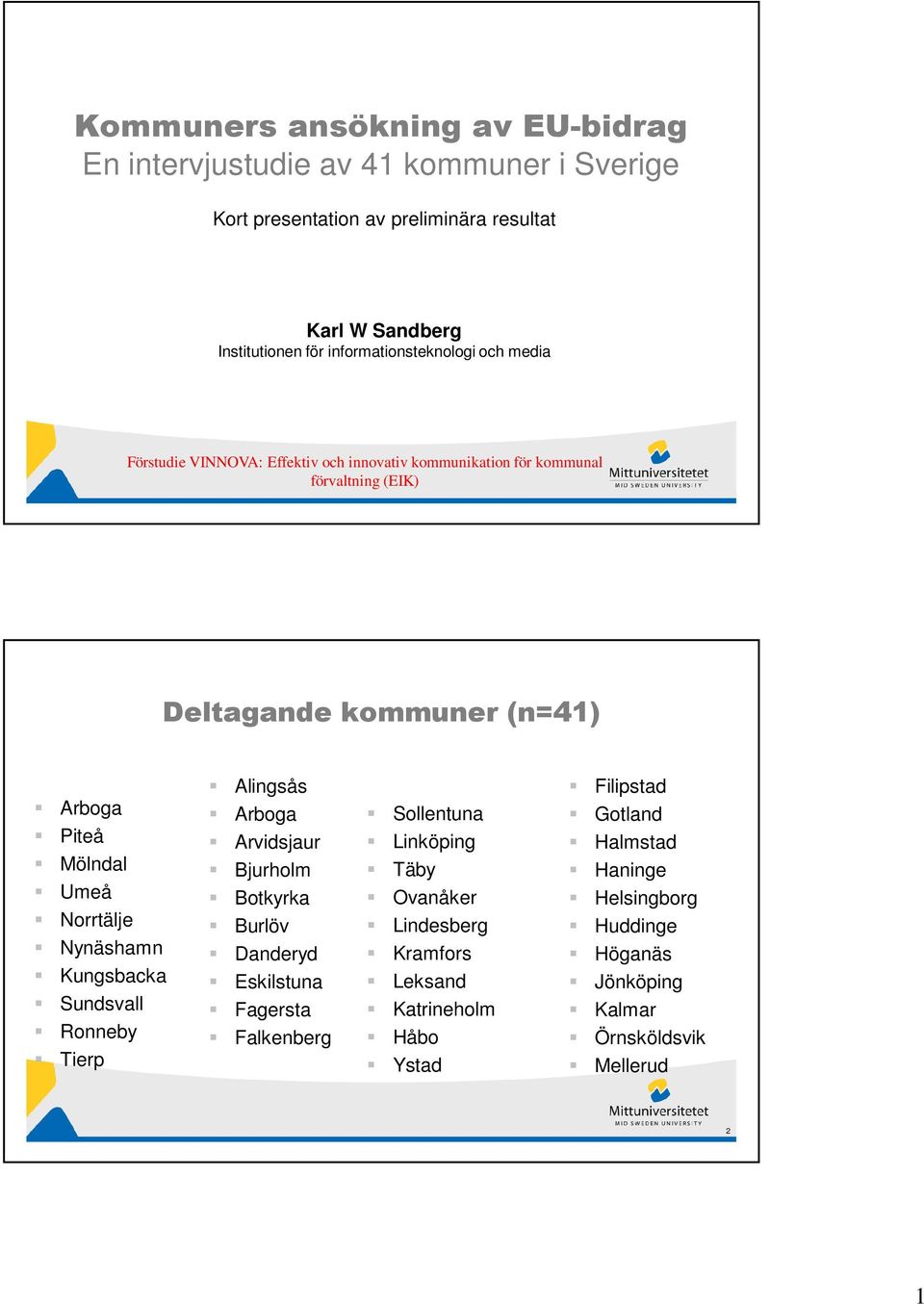 Mölndal Umeå Norrtälje Nynäshamn Kungsbacka Sundsvall Ronneby Tierp Alingsås Arboga Arvidsjaur Bjurholm Botkyrka Burlöv Danderyd Eskilstuna Fagersta Falkenberg