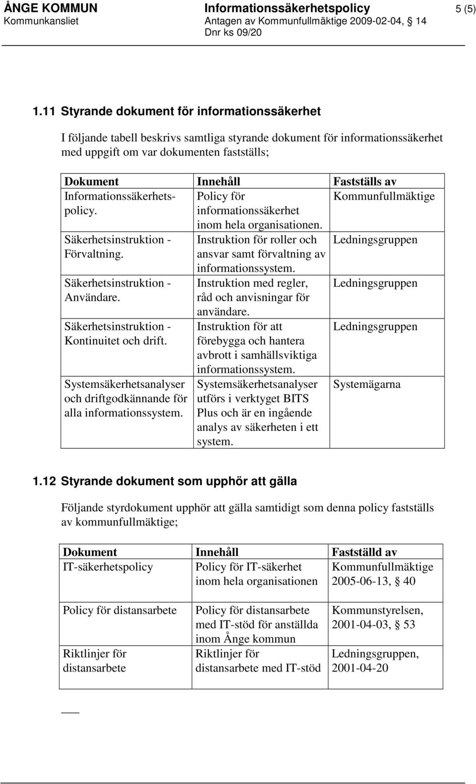 Informationssäkerhetspolicy. Policy för Kommunfullmäktige informationssäkerhet Förvaltning. Användare. Kontinuitet och drift. Systemsäkerhetsanalyser och driftgodkännande för alla informationssystem.