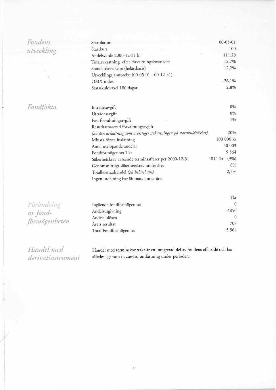 avkastning som öuerstiger avkastningen på statsskuldvrixlar) Minsta första insättning Antal utelöpande andelar Fondförmögenhet Tkr Säkerhetskrav avseende terminsaffärer per 2000-12-31 Genomsnittligt