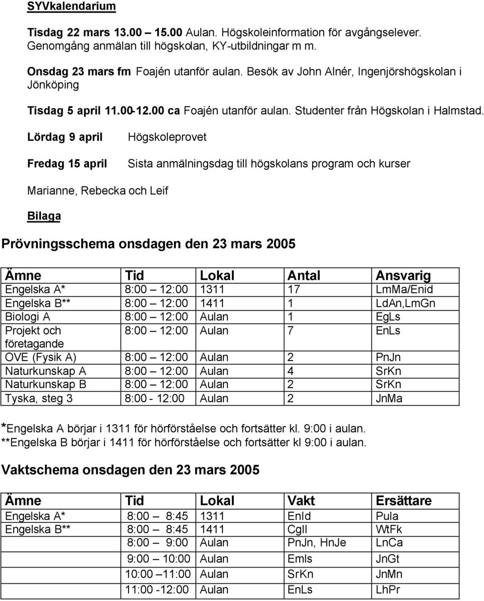 Lördag 9 april Fredag 15 april Högskoleprovet Sista anmälningsdag till högskolans program och kurser Marianne, Rebecka och Leif Bilaga Prövningsschema onsdagen den 23 mars 2005 Ämne Tid Lokal Antal