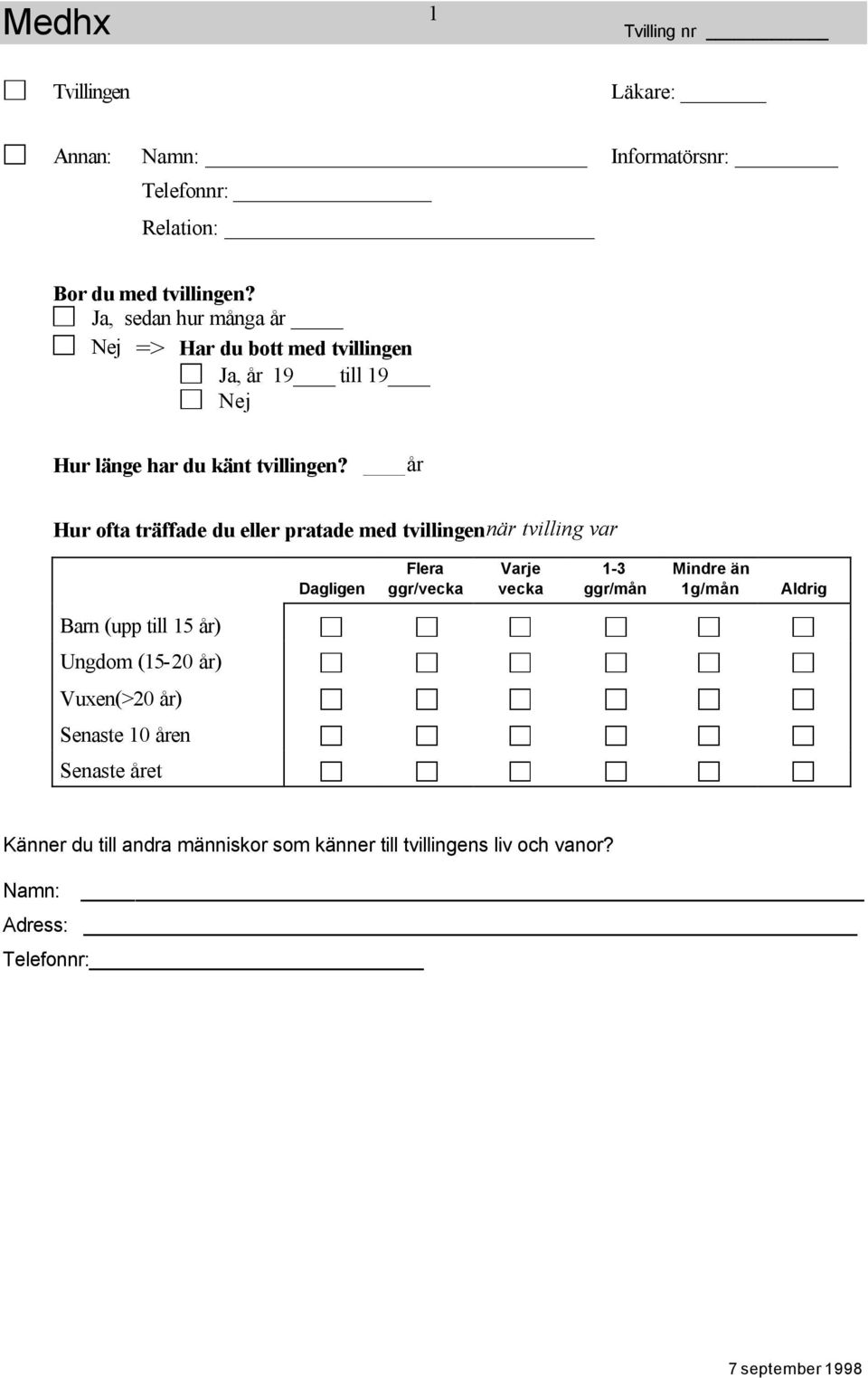 år Hur ofta träffade du eller pratade med tvillingen när tvilling var Dagligen Flera ggr/vecka Varje vecka 1-3 ggr/mån Mindre än