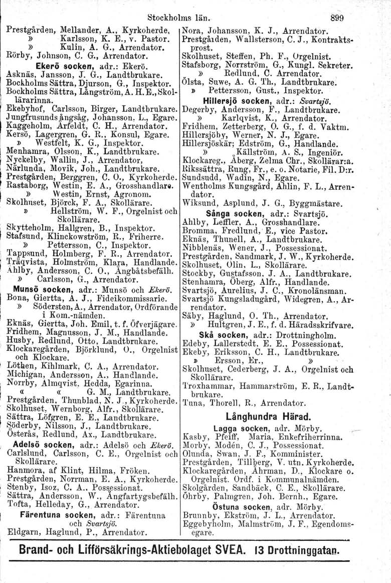 Stockholms län. 899 Prestgården, Mellan der, A., Kyrkoherde. Nom, Johansson, K. J., Arrendator.» Karlsson, K. E., v. Pastor. Prestgården, Wallsterson, C. J., Kontrakts-» Kulin, A. G., Arrendator. prost.