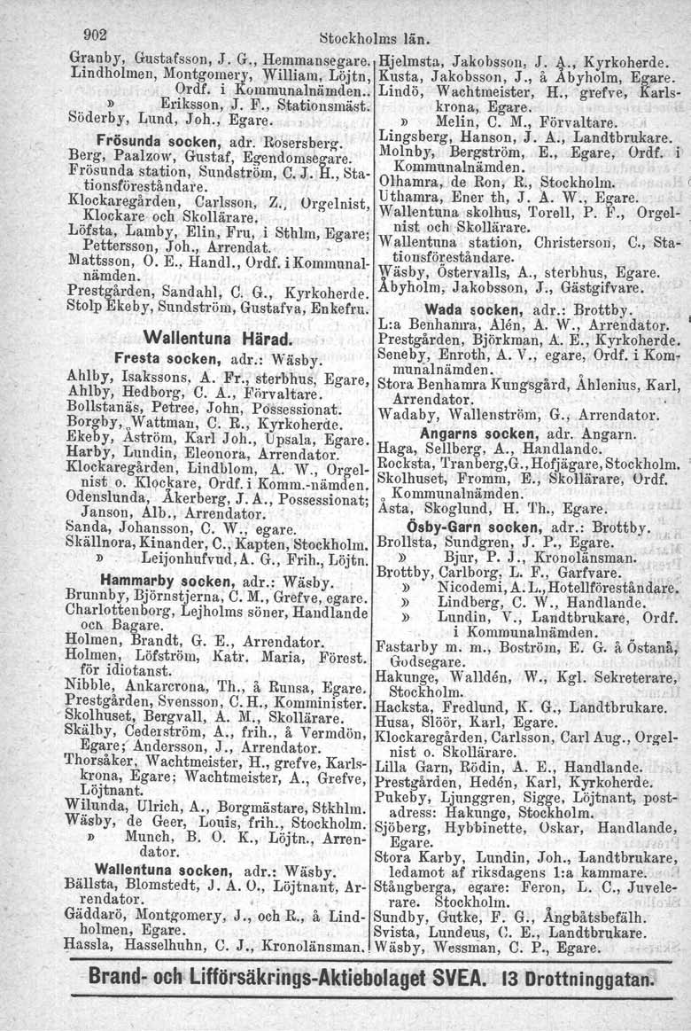 902 Stockhnlms län. Granby, Gustafsson, J. G., Hemmansegare. Hjelmsta. Jakobsson, J' A., Kyrkoherde. Lindholmen, Montgomery, William, Löjtn, Kusta, Jakobsson, J., åå byholm, Egare. Ordf.