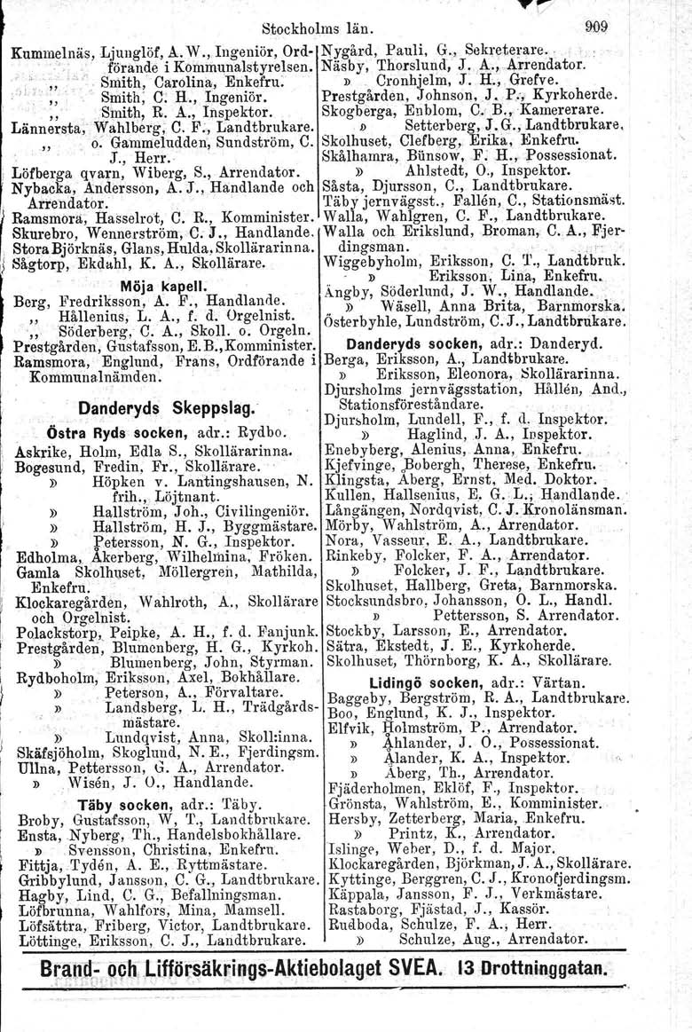 ""v Stockholms län. 909 Kummelnäs,Ljunglöf, A. W., Ingeniör, Ord- Nygård, Pauli, G., Sekreterare, ".' förande i Kommunalstyrelsen. Näsby, Thorslund, J., A "Arrendator. " n", Smith,.J ~-,,',.r. Smith, Carolinav Enkefru.