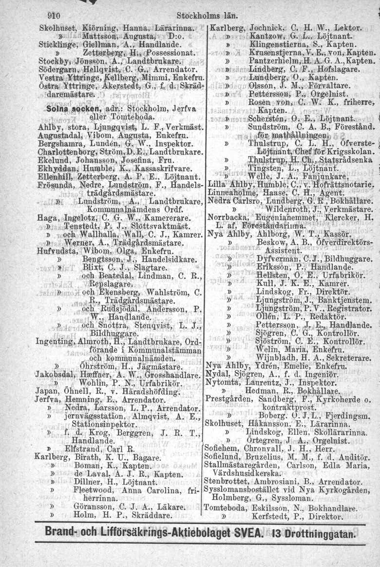 910 Stockholmslän. Skolhuset, KIörning, Hanna.fbårarinuac». Karlberg, Jochnick, C. H. W., Lektor. D ;(fll.li\t'attss()iw;augustar--' 'D:o. 1;.'. j.. ;J)»,,tKant'1;o}Y,'iG.,L,,. Löjtnant.