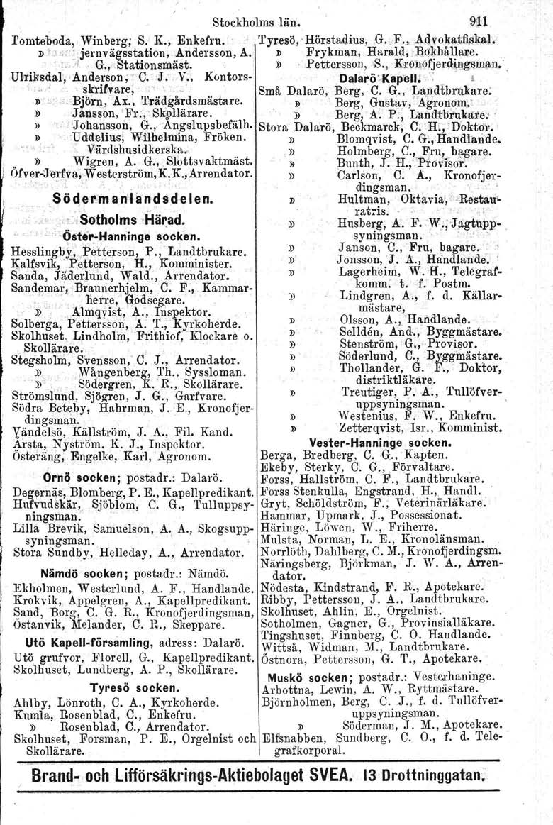 , o o o' herre," 00 Musko D Mulsta, 00 Små» d o, Stockholms län. 9iJ;1 o I'ornteboda, Winberg; S. K., Enkefru. Tyresö,' Hörstadius, G.,F"Advo~atfi$kal. D ;,je;'jemvägsstation,åiidersson, A.