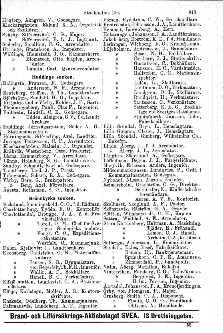 Stockholms län. 913 Högtorp. Almgren, V., Godsegare. Forsen, Rydström, C. Vi.,ttrosshandlare. Klockaregården, Eklund, K. A., Orgelnist Fredriksdal, J obansson, J.A., Landtbrukare, och Skollärare.