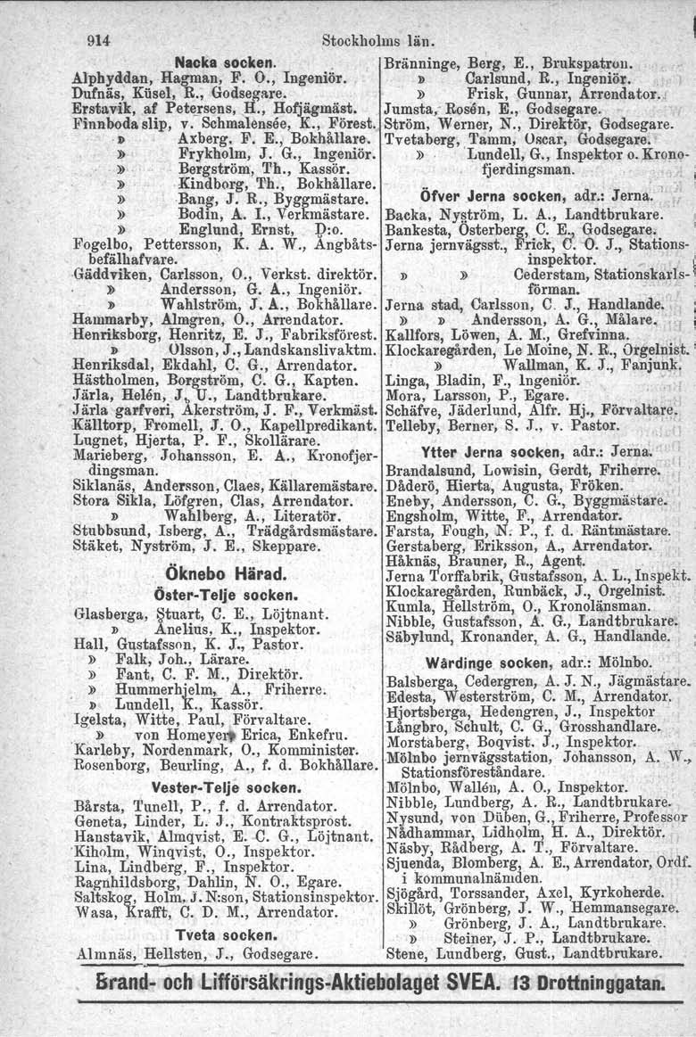 914 Stockholms län. Nacka socken.. Bränninge. Be'rg, K, Brukspatren. Alphyddan, Hagman, F. O., Ingeniör..!l Carlsund, R., Ingeniör., Dufnäs, Kiisel, R., Godsegare.»Frisk, Gunnar, Arrendator,.