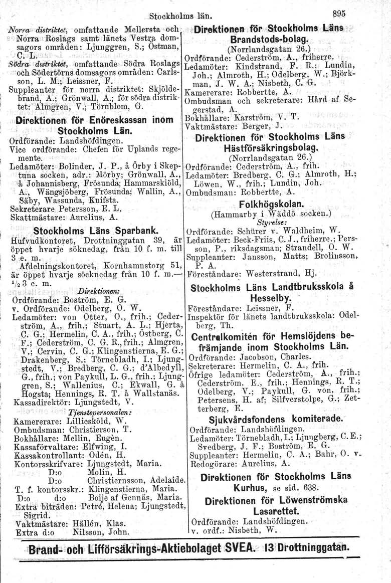 , 00 Styre It-, Stockholms- län. Nor.ra'.diswikte.; omfattande Mellersta och c Norra" Ros~ags saii!t länets Vestra, dom- ~Direktionen,för,Stockholms Brandstods-bolag. ",i,ii:!