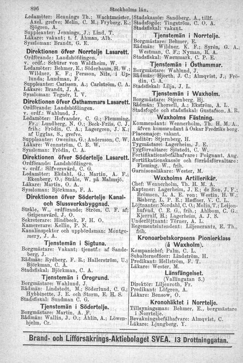 896 Stockholms län. Ledamöter: Hennings 'I'h.: Wachtmeister, Stadskassör: Sandberg, A., tillf. Axel, grefve; Melin, C. M.; Fryberg, E.; Stadsfogde: 'I'ingström, C. O. A. Sjögren, A.