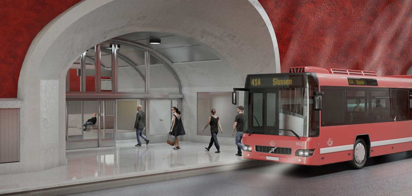 Sida 28 (65) Utformning av terminalen Terminalen, vilken är placerad i bergrum i Katarinaberget, utgörs av körytor och vänthall i öst-västlig riktning under Katarinavägen och Mosebacke.