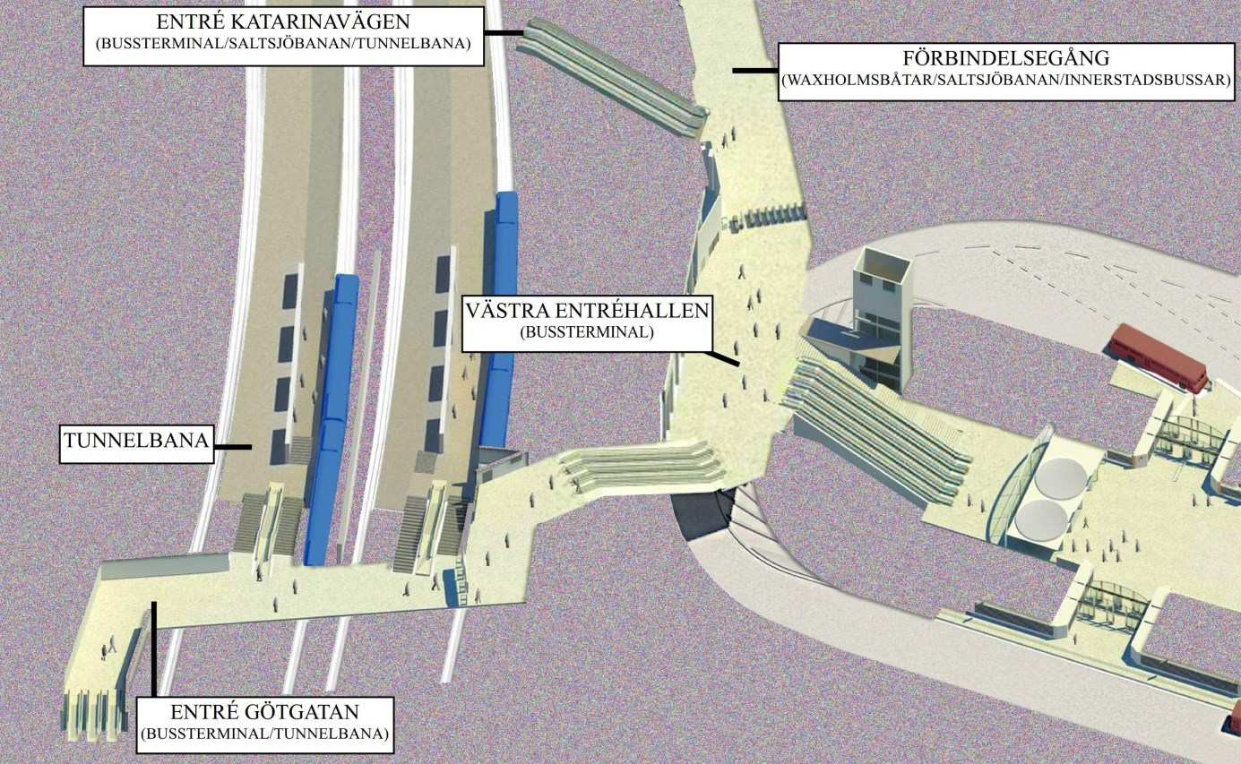 Sida 33 (65) Godkänt dokument - Karin Norlander, Stadsbyggnadskontoret Stockholm, 2016-05-15, Fig 12. Orienteringskarta över bussterminal och dess entréer/ utgångar.