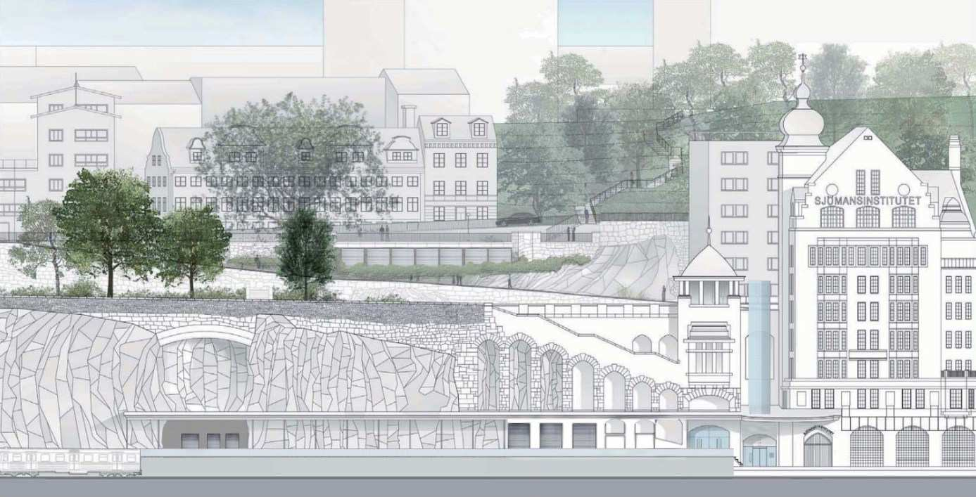 Sida 42 (65) Utluft Utluft från terminalen kommer att föras via en kanal som mynnar i berget vid den östra delen av Saltsjöbanans plattformstak (se fig,20).