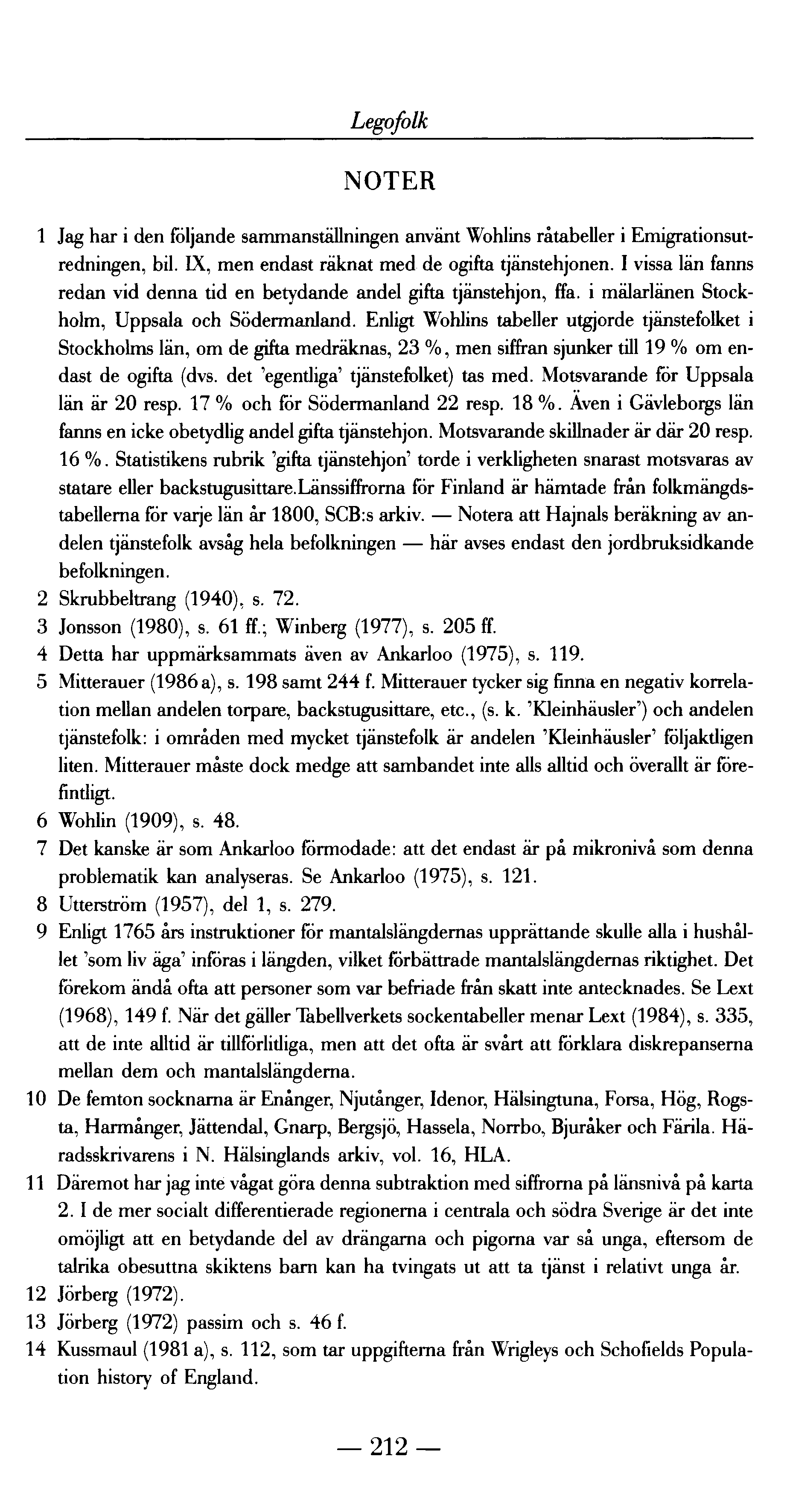 Legofolk NOTER 1 Jag har i den följande samma nställningen använt Wohlins råtabeller i Emigrationsutredningen, bil. IX, men endast räknat med de ogifta tjänstehjonen.