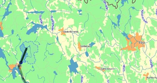 Figur 5. Det heldragna blåa området visar Valsjöbäckens avrinningsområde. Den streckade blå linjen visar det avrinningsområde uppströms som bidrar till flödet vid Valsjöbäckens mätstation.