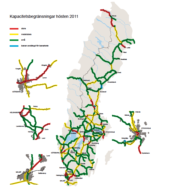 I figuren innebär rött stora kapacitetsbegränsningar, gult medelstora och grönt små eller inga problem. Blå färg betyder att banan är avstängd för arbete (Trafikverket, 2012). Figur 3.