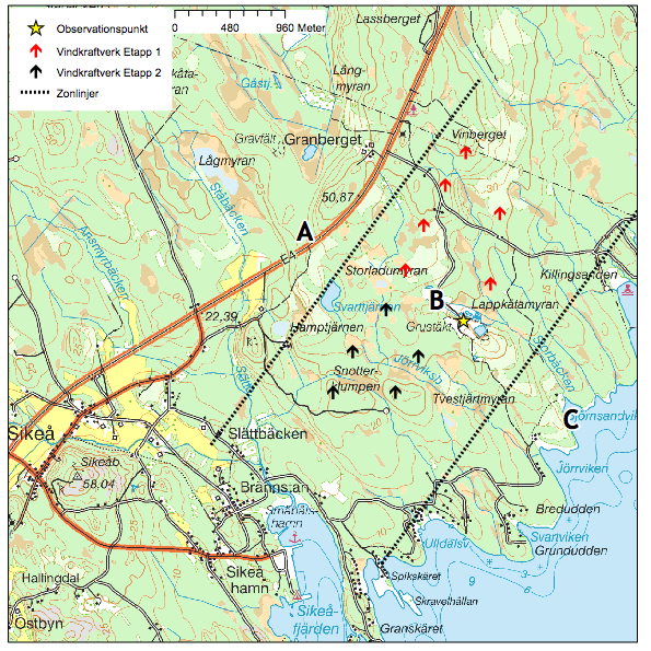 Fig. 1. Kartan visar preliminära placeringar för vindkraftverken, gränserna för de tre zonerna A, B och C samt punkten där observationerna gjordes.