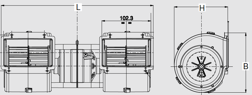 Dubbelradialfläktar, serie 002- & 005- SP 3000 1802 005-A45-02 317x128x112 mm / 3-F 610 m³/h / 14,1 A SP 3000 1803 005-A45-02 (N.
