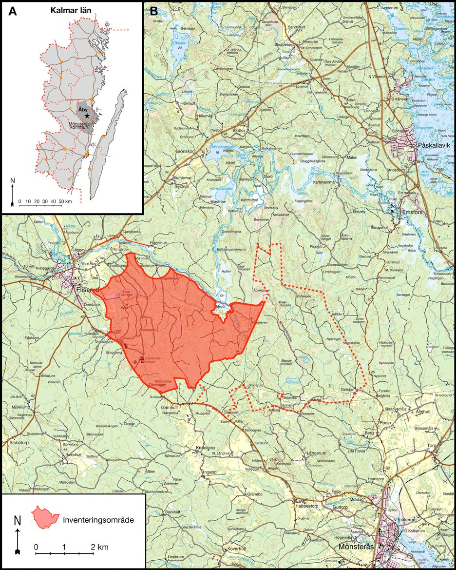 Figur 1. A. Förenklad karta över Kalmar län som visar läget för det inventerade området vid Åby i den centrala delen av Mönsterås kommun. B.