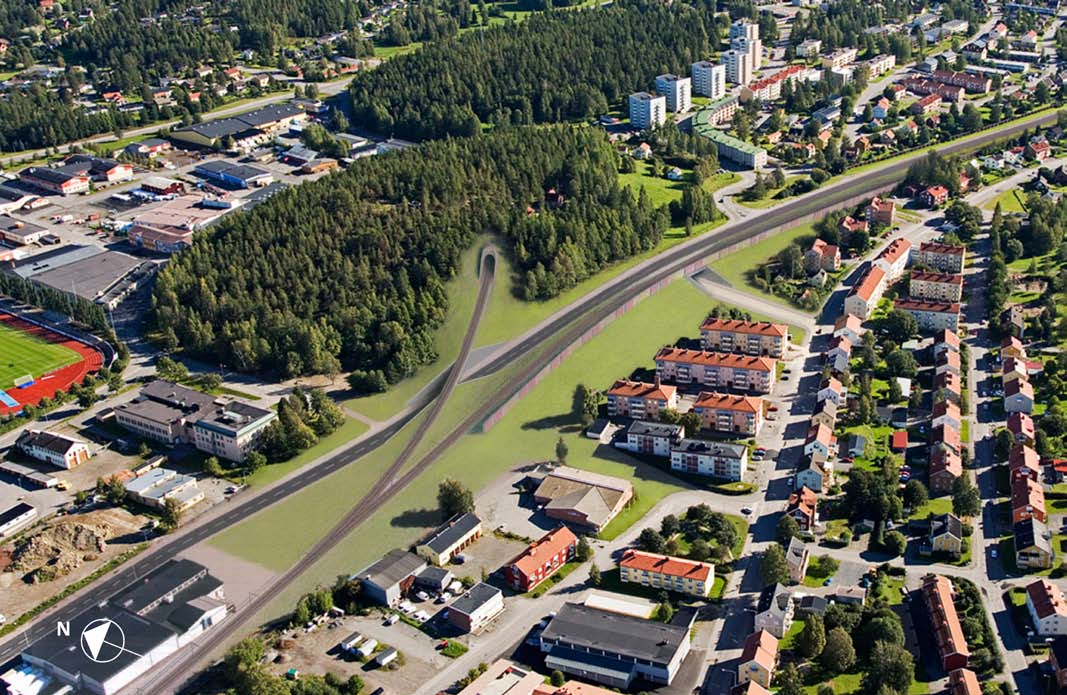 Figur 8.8.9: Med en utformning i markplan och vidare norrut via S3 går spåret i i tunnel i Mullberget.