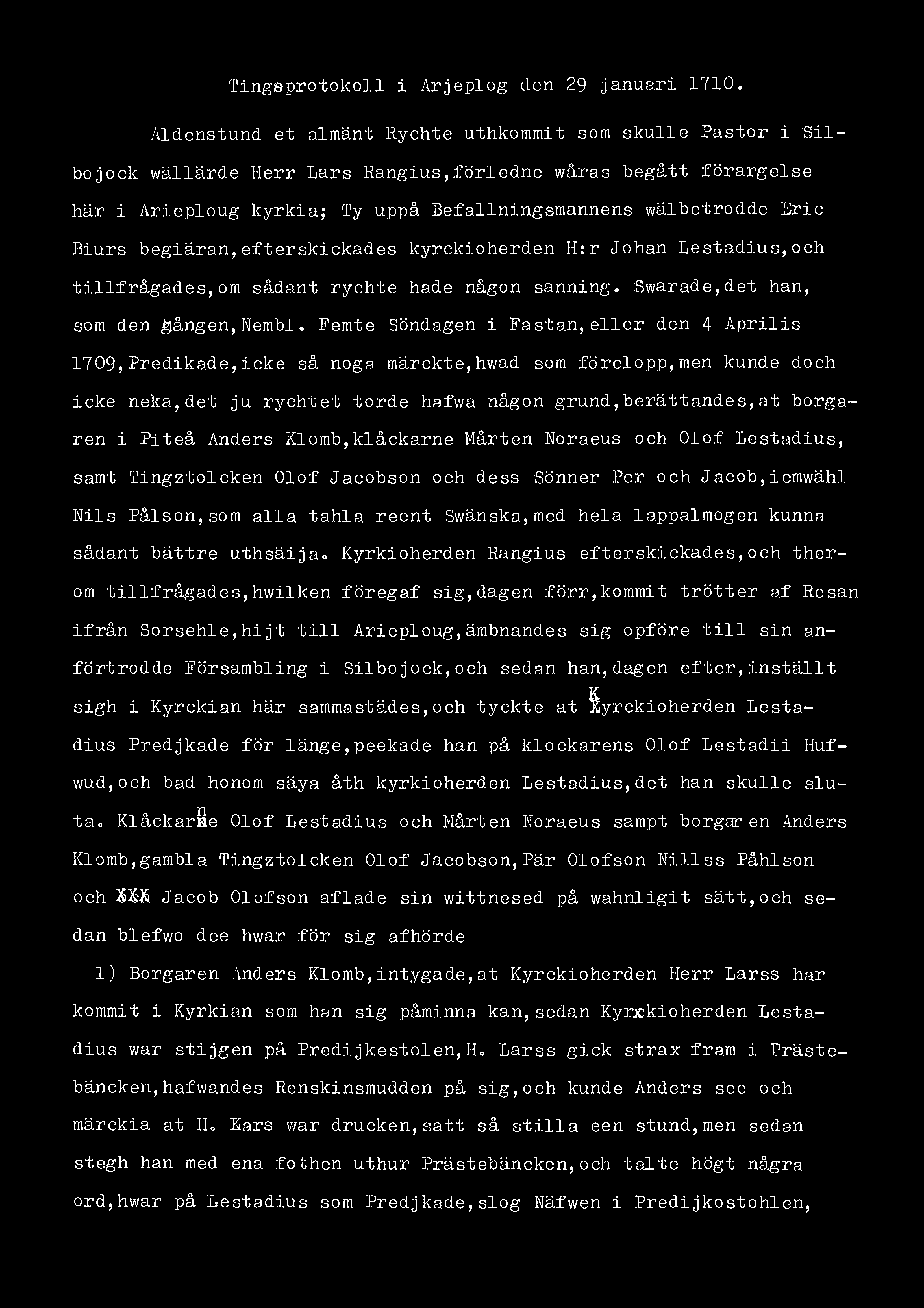 Tingeprotokoll i Arjeplog clen 29 januari 1710.