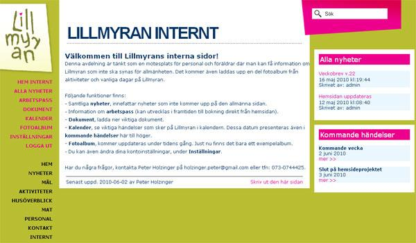 5.5.2 Interna delen Figur 2. Skärmdump från Lillmyrans interna startsida. (Publiceras med tillstånd från Lillmyran) 5.