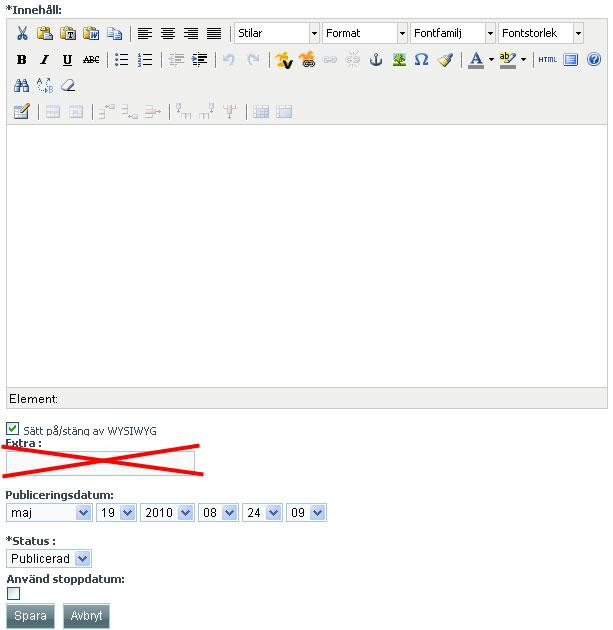 5. Här skapar man allt innehåll för nyheten. För mer information om hur du arbetar här, se avsnitt 2 Texteditor och HTML-redigerare. 6.