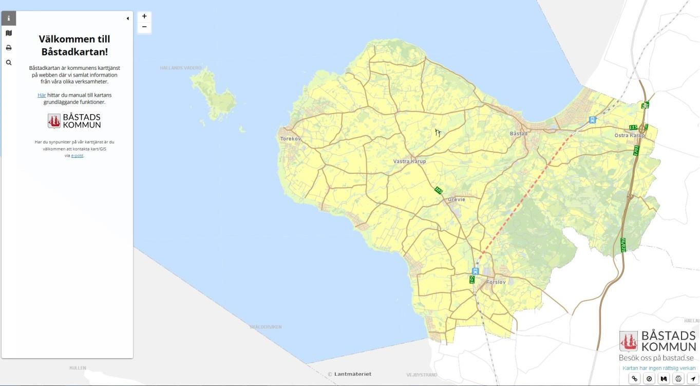 Manual till Båstadkartans grundläggande funktioner Webbfönstret När du klickar på kartlänken öppnas Båstadkartan i eget fönster eller egen flik, beroende på inställningen i din webbläsare.
