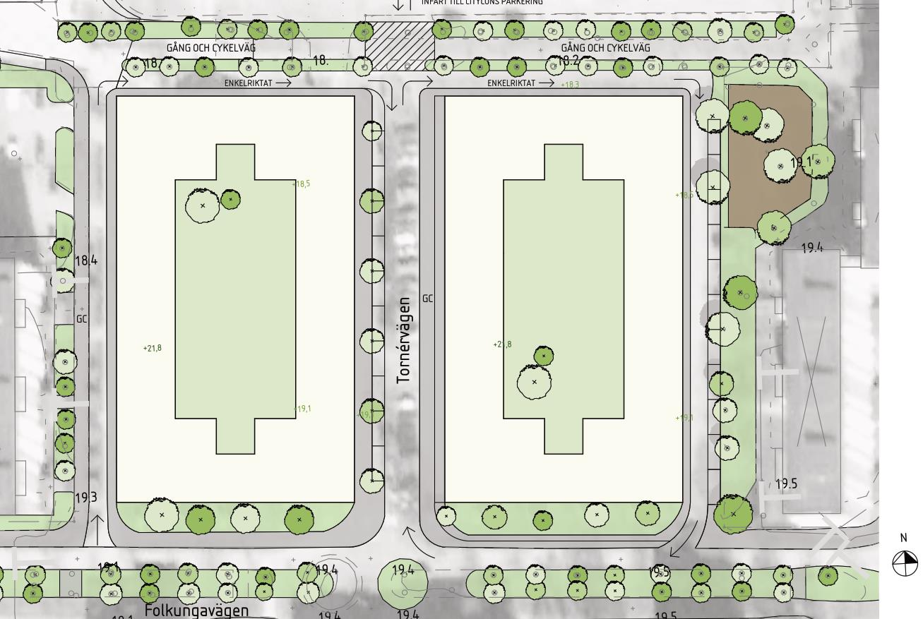 2 1 Portik Portik Teckenförklaring Omdaningsområde: Underbyggd gård: In-/utfart garage: Figur 2. Fastigheten efter ombyggnad (illustrationsplan från Riksbyggen och BAU Arkitekter, 2015-10-30).