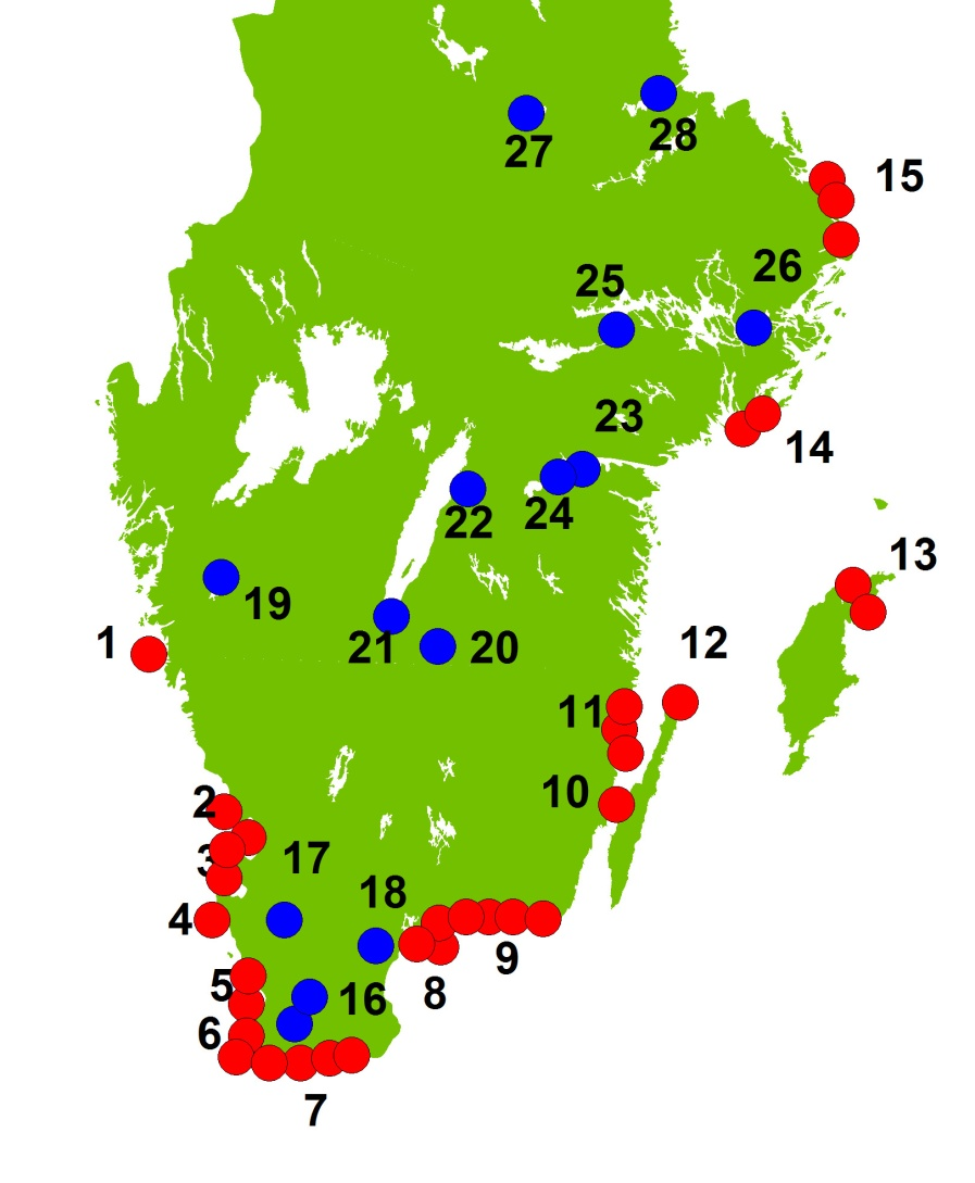 Fig. 1. Geografiskt läge för referenslokaler, dvs. större områden som räknats varje vinter sedan 1987. 1-15 kustområden, 16 28 inlandslokaler. Geographical position for reference areas, i.e. larger areas covered in the same way every winter since 1987.