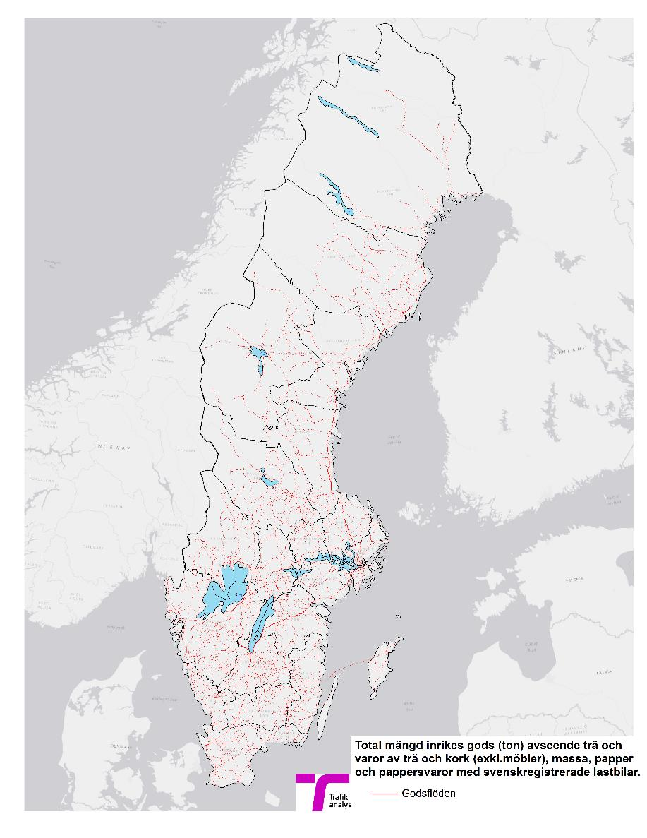 Karta 5.1: Svenskregistrerade tunga lastbilars transporter av trä och varor av trä och kork på vägnätet i Sverige, i inrikestrafiken, baserat på fraktad godsmängd i ton. Genomsnitt åren 2012-2014.