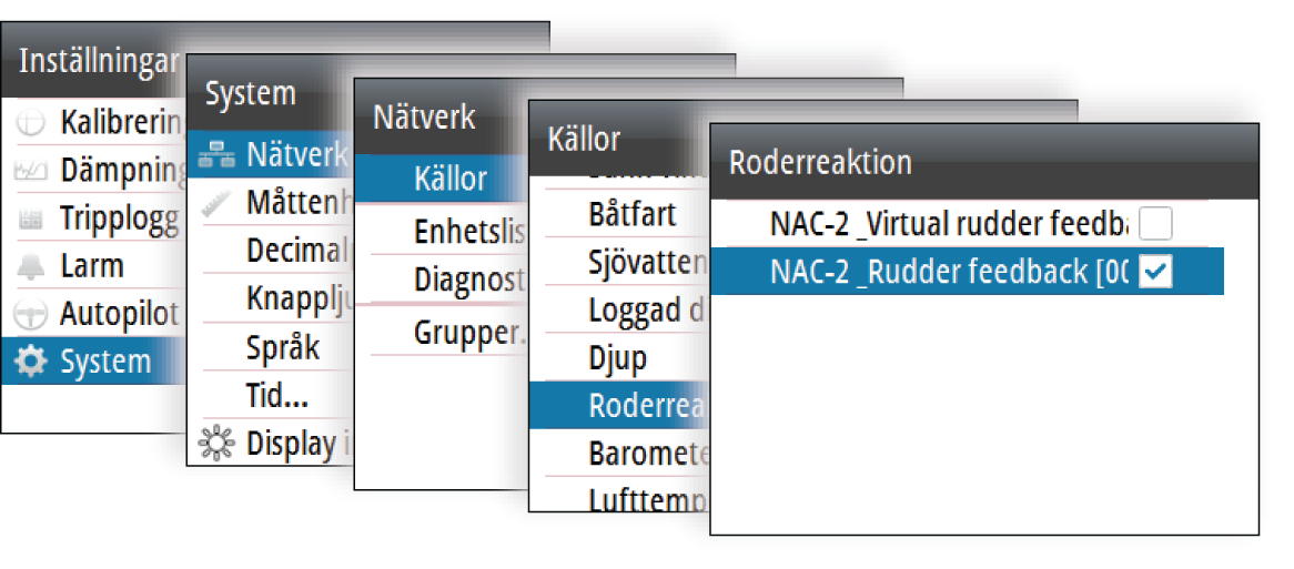 Val av roderkälla, AP44 Ú Notera: Virtual Rudder Feedback (VRF) ska bara användas om det inte finns någon roderlägesgivare.