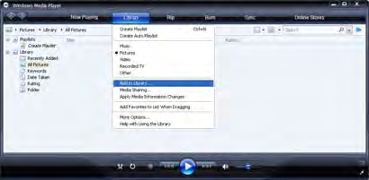 Windows Media Player v11 på Windows XP Ställa in för nätverksdelning I Windows Media Player väljer du Library (Bibliotek) på menyn och väljer sedan Media sharing (Mediedelning).