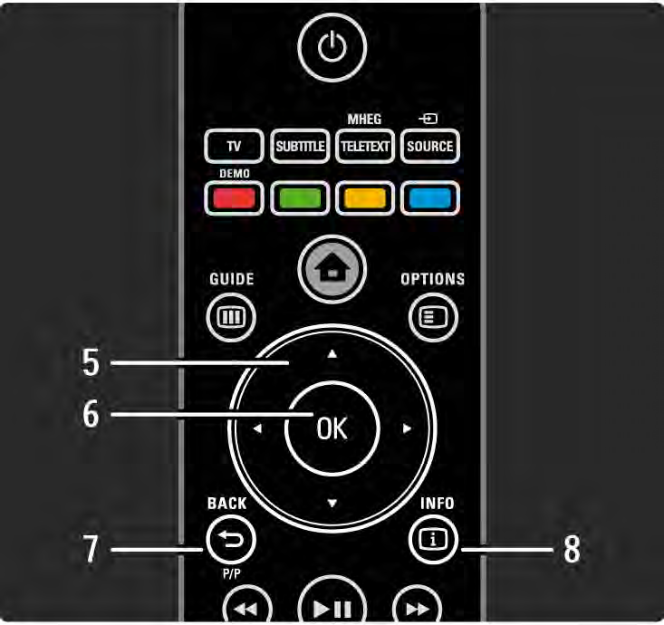 2.1.1 Översikt över fjärrkontrollen 2/6 5 Navigeringsknapp Navigera uppåt, nedåt, åt vänster eller åt höger. 6 OK-knapp Öppna kanalöversikten. Aktivera ett val.
