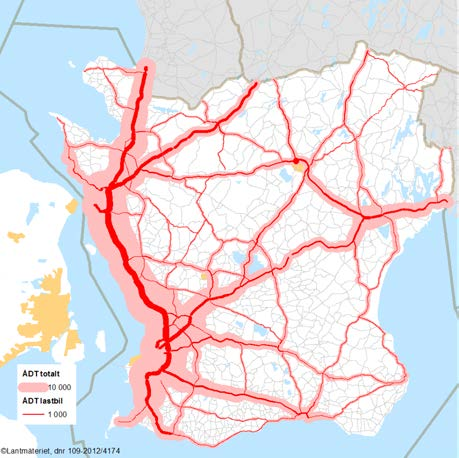 Figur: Det flerkärniga Skåne Figur: Trafikflöden på det statliga vägnätet i Skåne.
