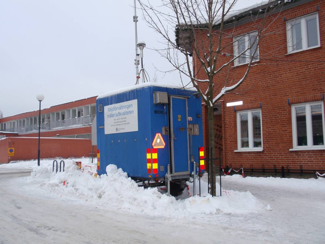 Figur 1: Mätvagnens placering vid Biblioteket (cirkel) i centrala Mölnlycke (Karta: Hitta.se) De närmaste bostäderna ligger drygt 40 meter norr om mätplatsen intill Allén.