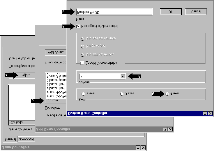 5. Klicka på Tillfoga för att tillfoga en styrspak. Se figur 2. Figur 2: Tillfoga en styrspak i Windows 95 / 98 6. Tillfoga en anpassad styrspak. 7.
