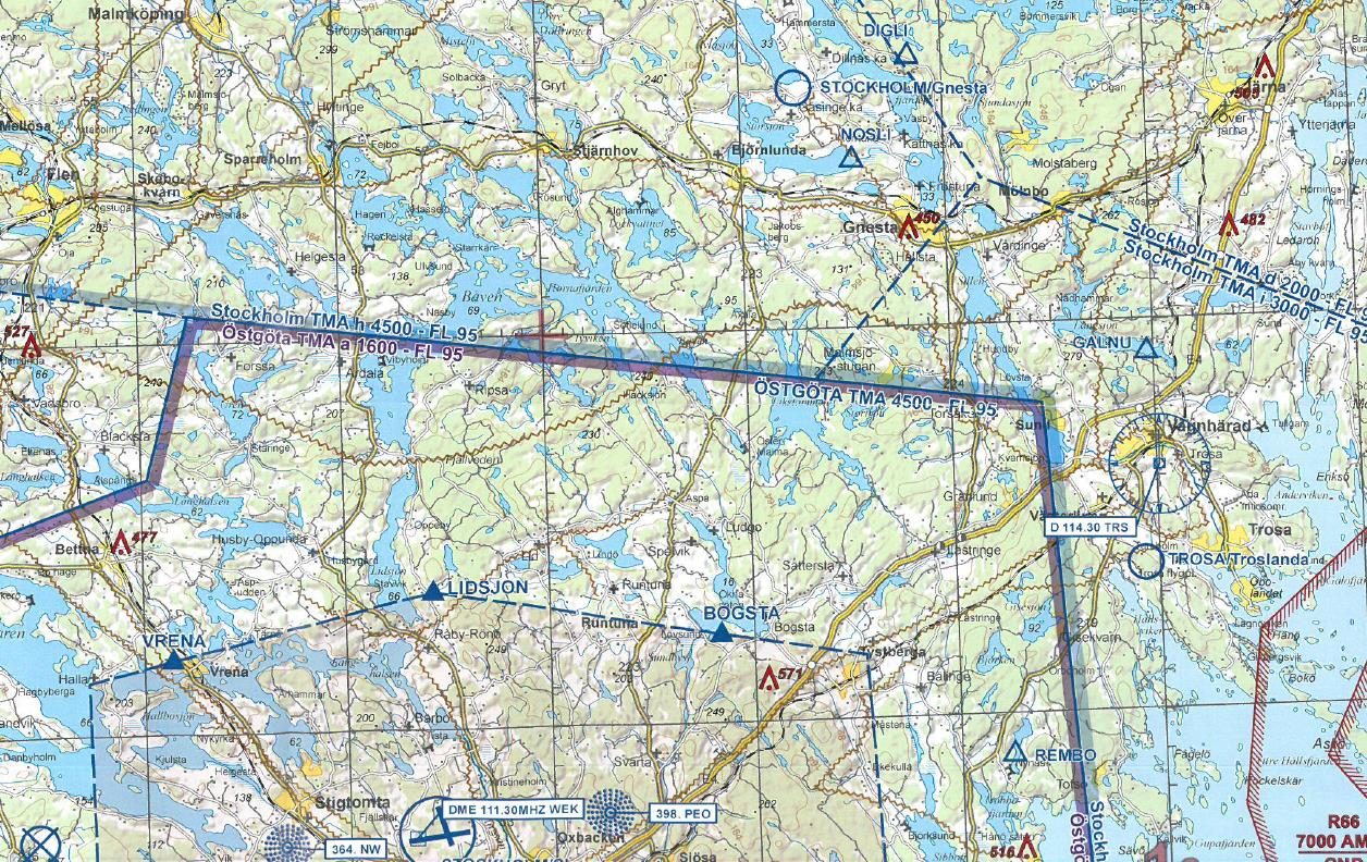 Luftrum Höjdgränser inom ett TMA Radionav fyr Waypoints e.g TINKA ABENI, DIGLI.