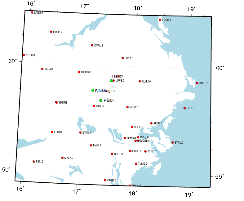 Figur 4: Karta över mätområdet i Uppland. Röda punkter är Swepos-stationer och gröna punkter är de utvalda mätpunkterna.