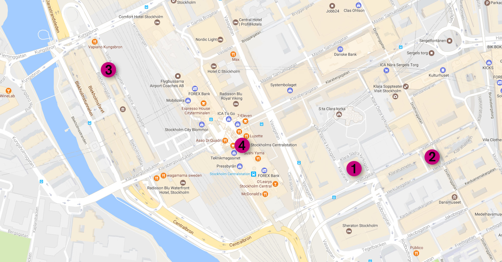 Här händer det Kartpunkter 1. Sensus möte samt utbildningslokal, Klara Södra kyrkogata 1, 111 52 Stockholm 2. Restaurang Waipo, middag lördag, Drottninggatan 25, 111 51 Stockholm 3.
