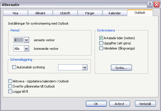 Personliga inställningar gör man under Verktyg-Alternativ, fliken Outlook. Här anger man vad som ska synkas och period. Ex.