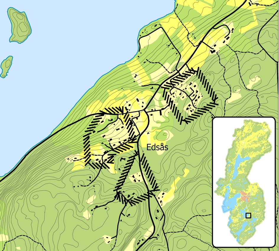 området som regel inte tillåtas för att inte ytterligare försämra vattenkvalitén i närliggande vattendrag. Edsås Här finns några detaljplaner som tillåter åretruntbostäder.